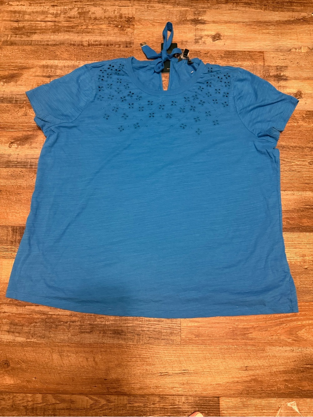 Ralph Lauren Bright Blue Short Sleeve Tie-Neck Eyelet Top NWT